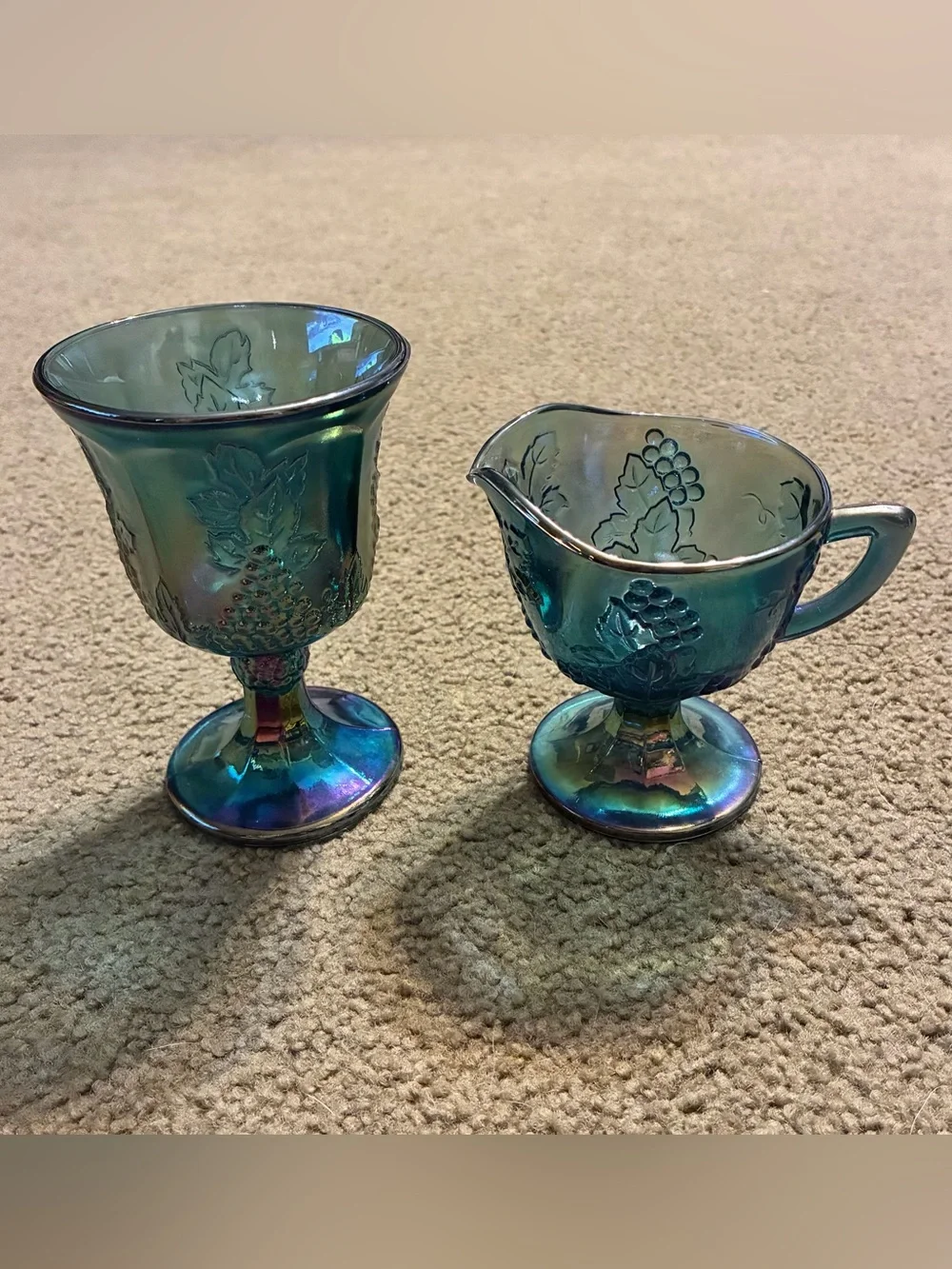 Indiana Glass Iridescent Blue Carnival Harvest Grape Cream & Sugar